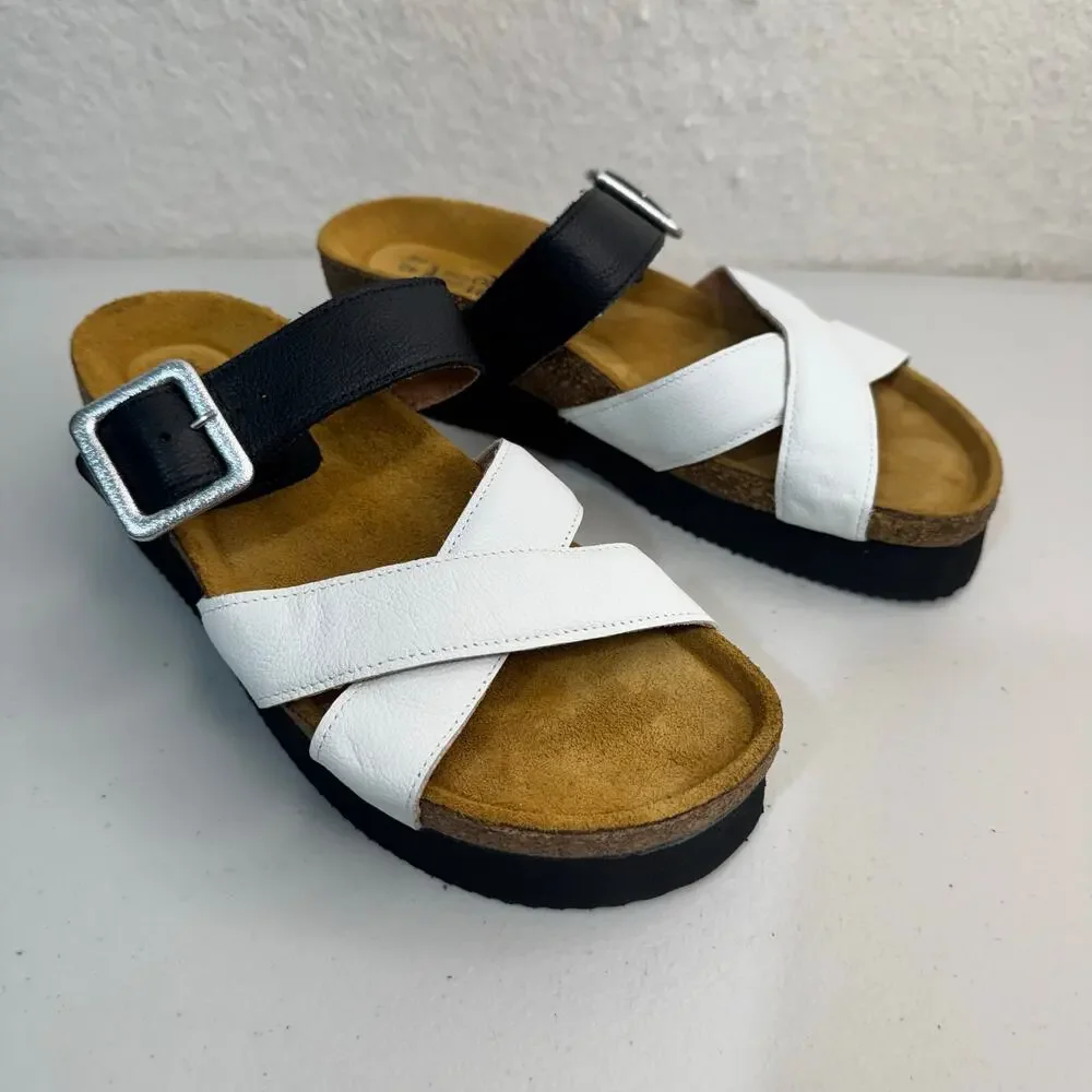 NAOT Juliette Platform Slide Sandal Soft Black & White Leather Straps Women’s 9